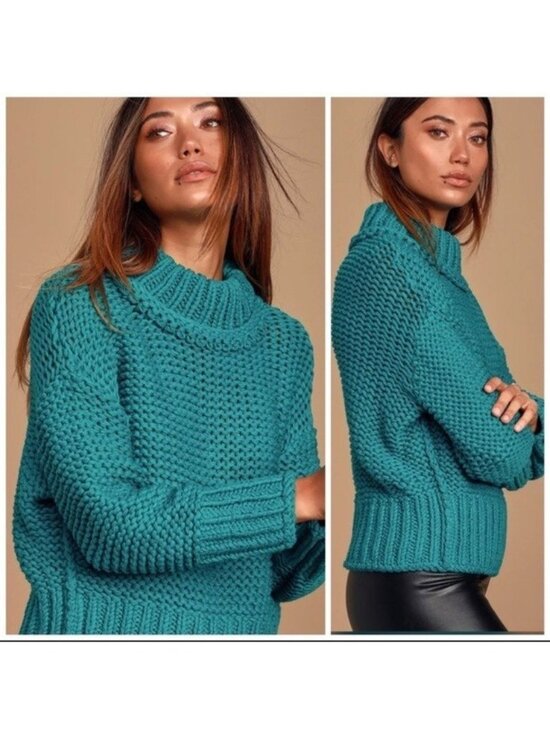 Free People Sweaters - Free People My Only Sunshine Teal Blue Chunky Knit Mock Neck Sweater, Size XS